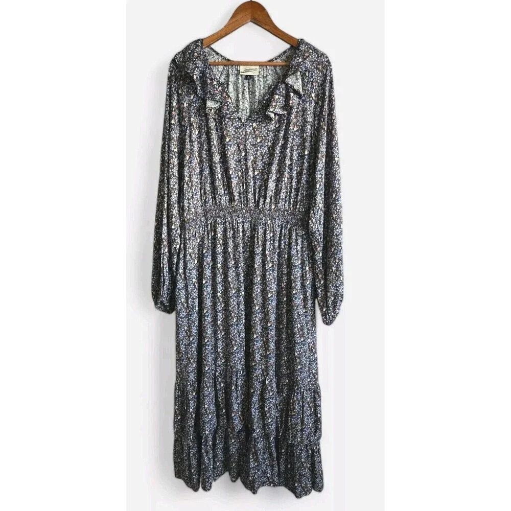 Universal Thread Dress Womens XL Blue Floral Tiered Ruffle Collar Prairie Maxi
